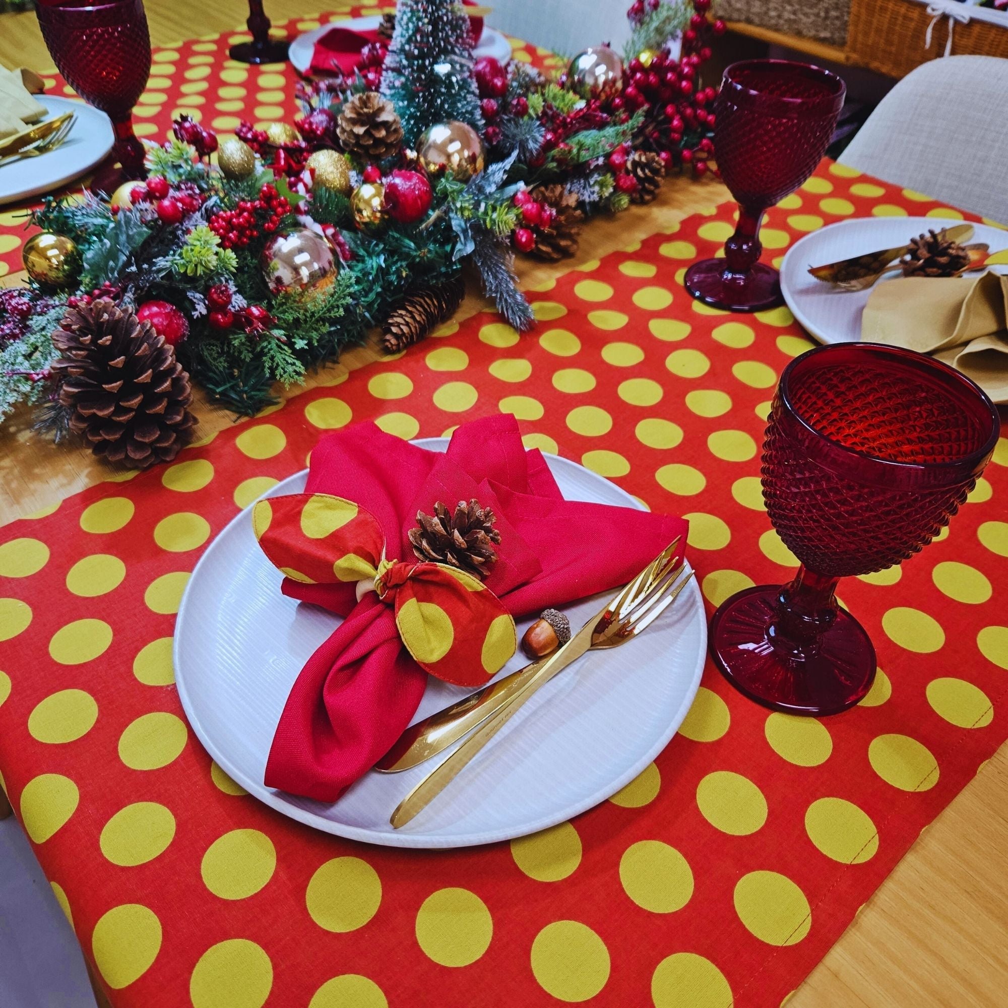 Maison Charlo | Table Runner & Ties Napkin Rings Kits Red & Gold Dot Polka for Christmas, Easter, Valentine's, Mother's Day-1