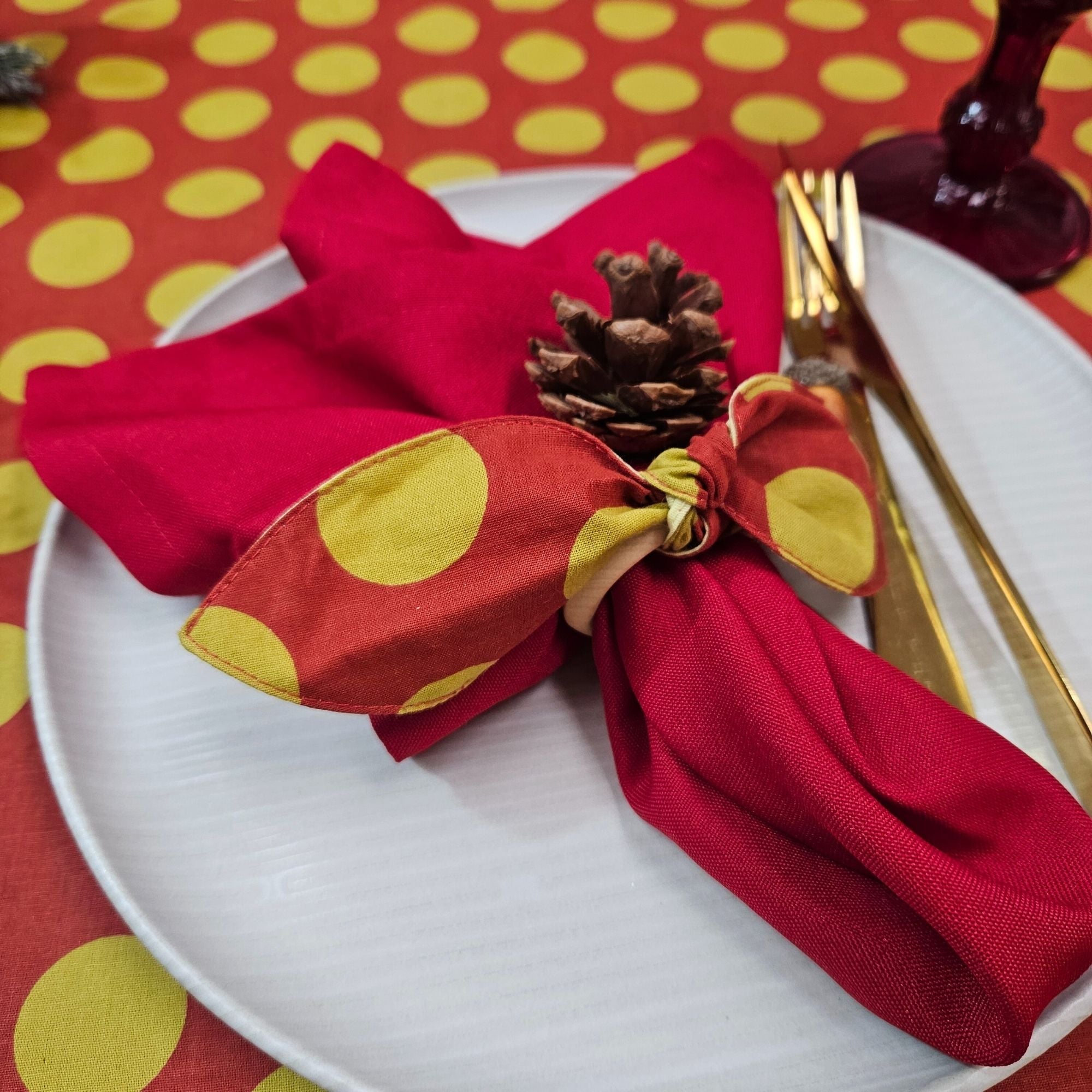 Maison Charlo | Table Runner & Ties Napkin Rings Kits Red & Gold Dot Polka for Christmas, Easter, Valentine's, Mother's Day-3